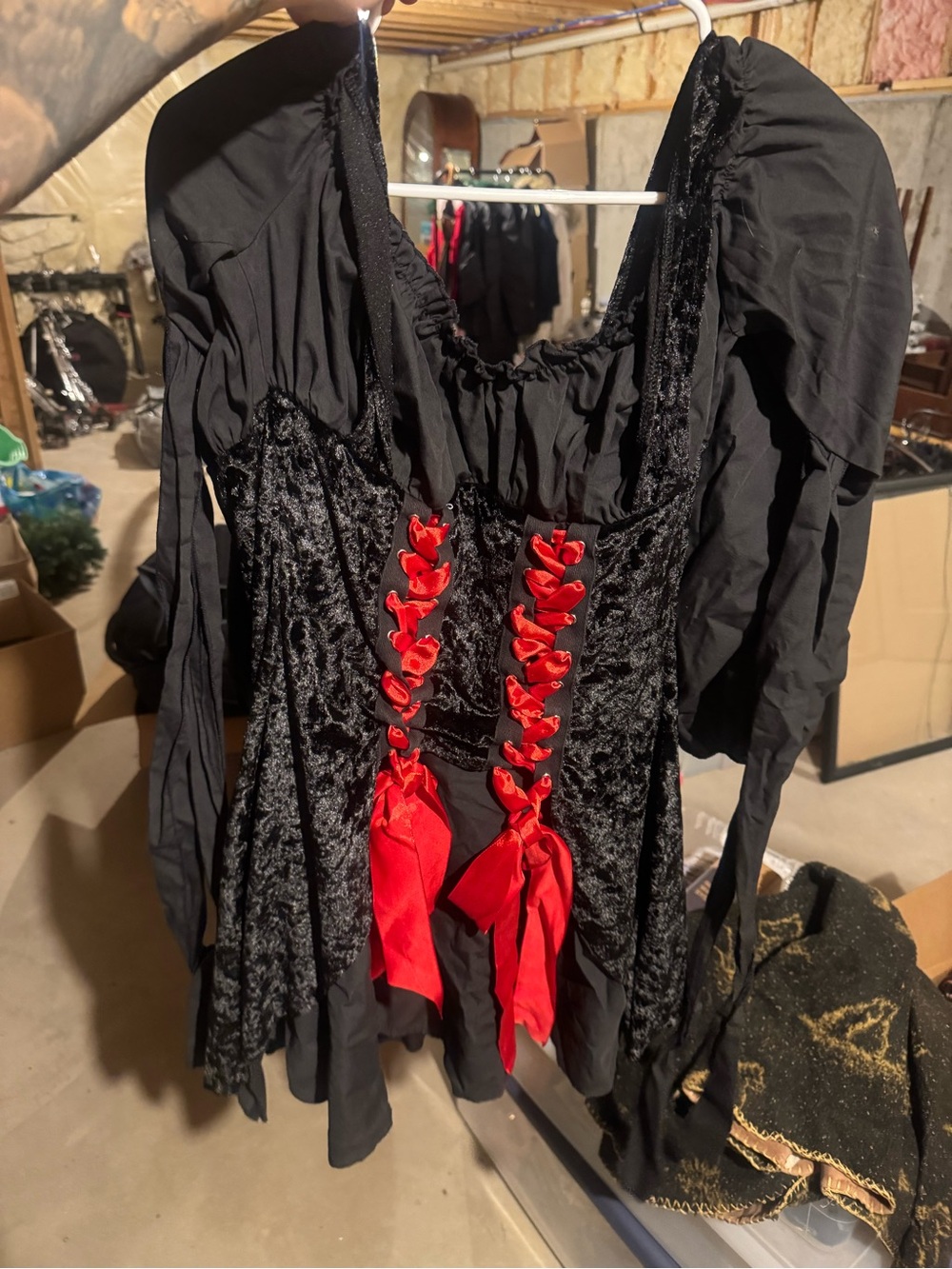 Black Velvet Women's Lace-Up Pirate Dress with Red Ribbon Accents and petticoat